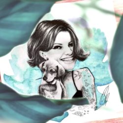 dessin de jeune femme tatouée souriante tenant tout contre elle un chiot, fond bleu vert