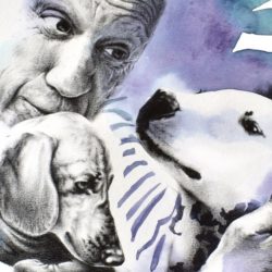 portrait de Pablo Picasso caressant ses chiens, un dalmatien et un teckel, fond coloré vert et violet