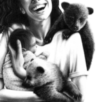 jeune maman joyeuse portant son bébé dans les bras avec deux oursons - dessin au crayon en noir et blanc, style réaliste